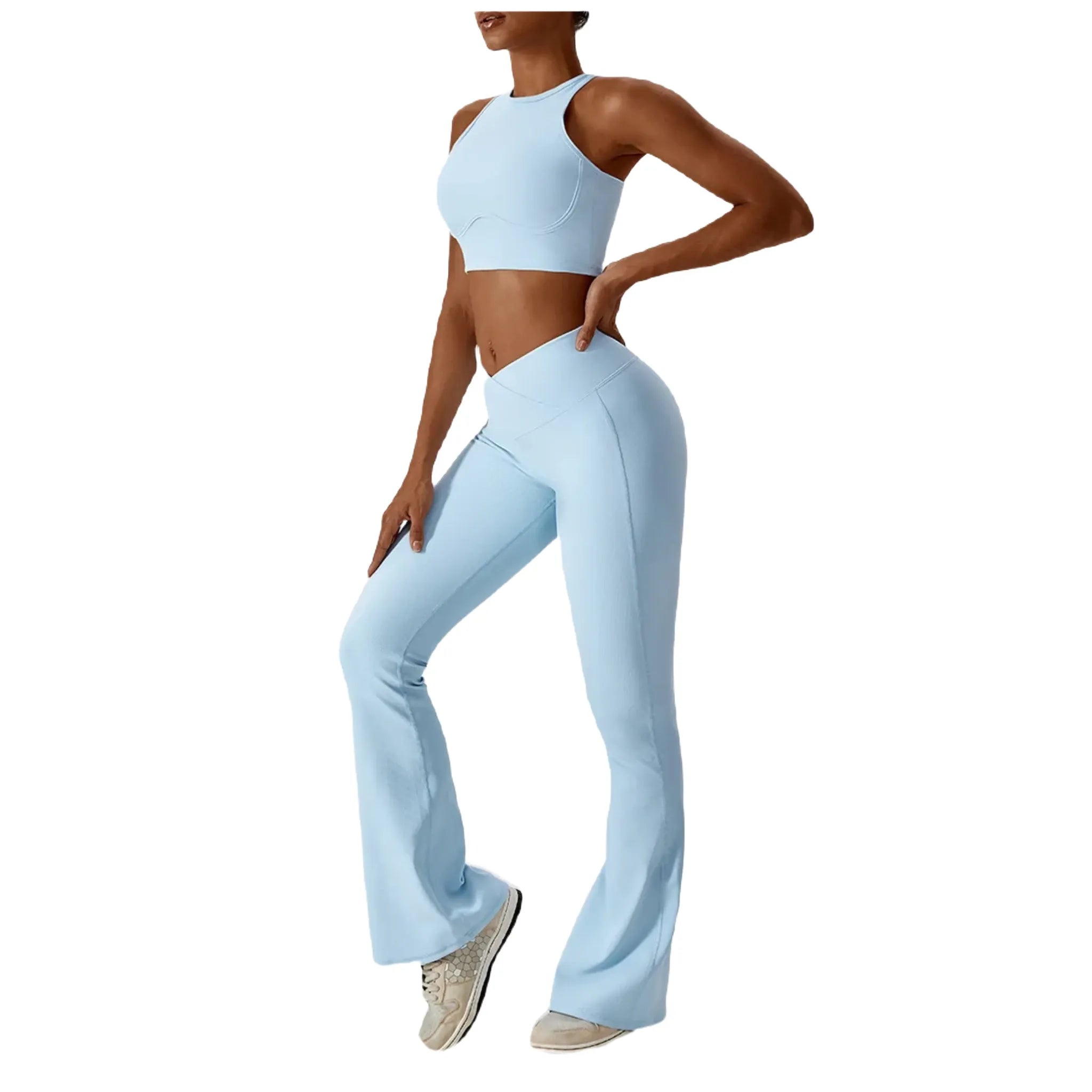 Xooie Fit women's fitness bralette in light blue with matching flared pants for activewear style