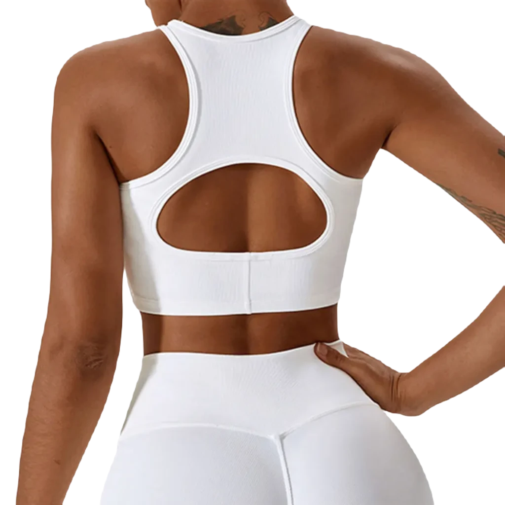Xooie Fit Women's Fitness Bralette in white with a comfortable racerback design for activewear