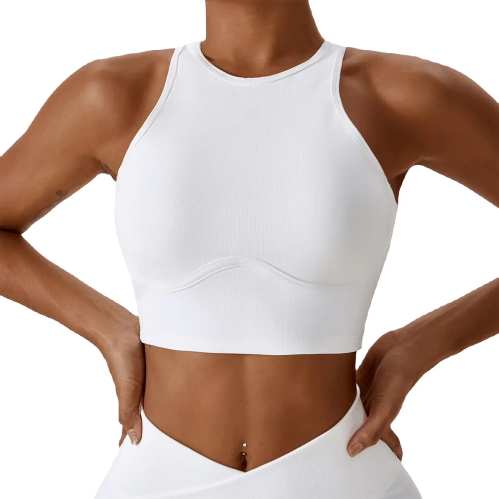 Xooie Fit women's fitness bralette in white with a stylish high neckline and sleek design