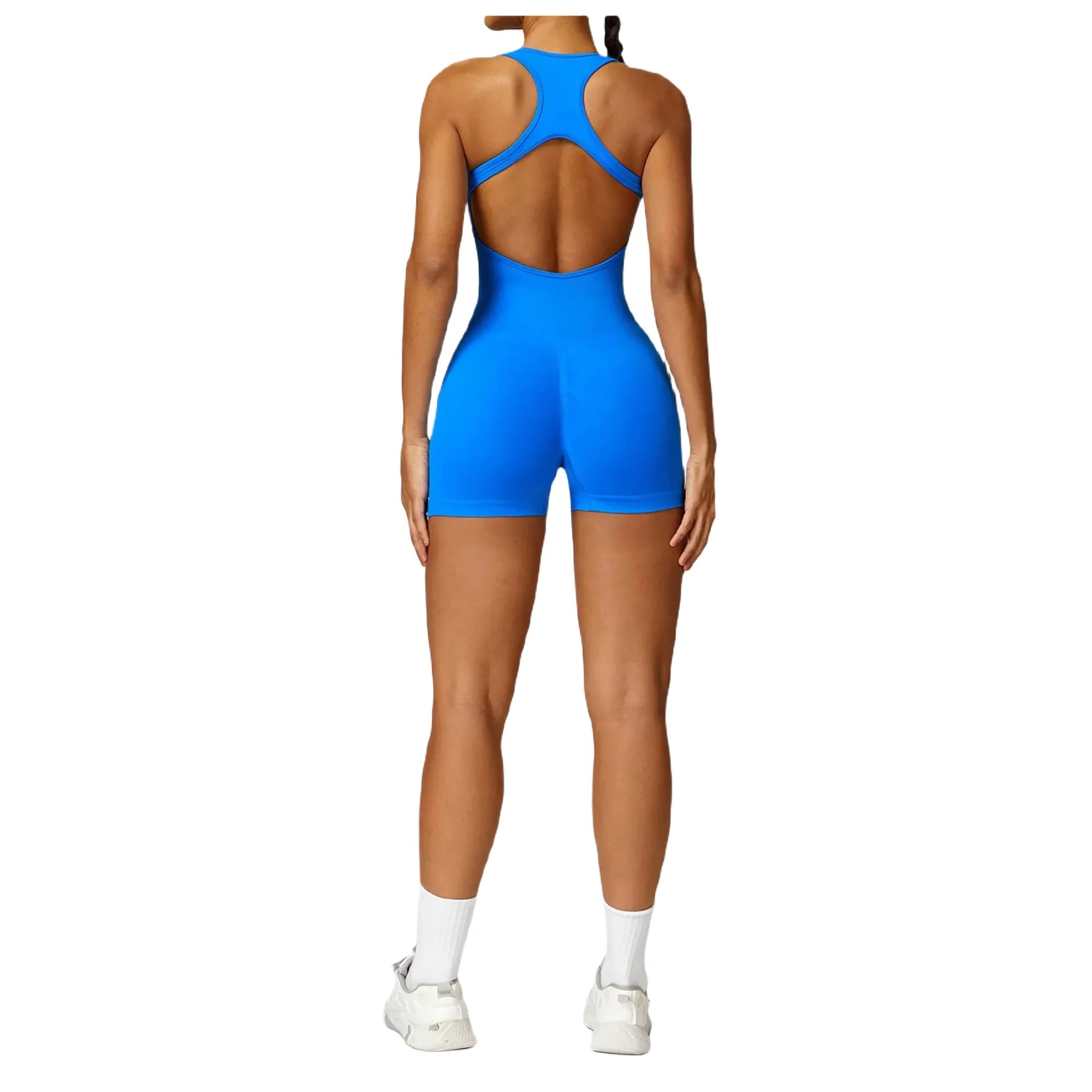 Xooie Fit women's fitness jumpsuit in blue with a back cutout design for active performance