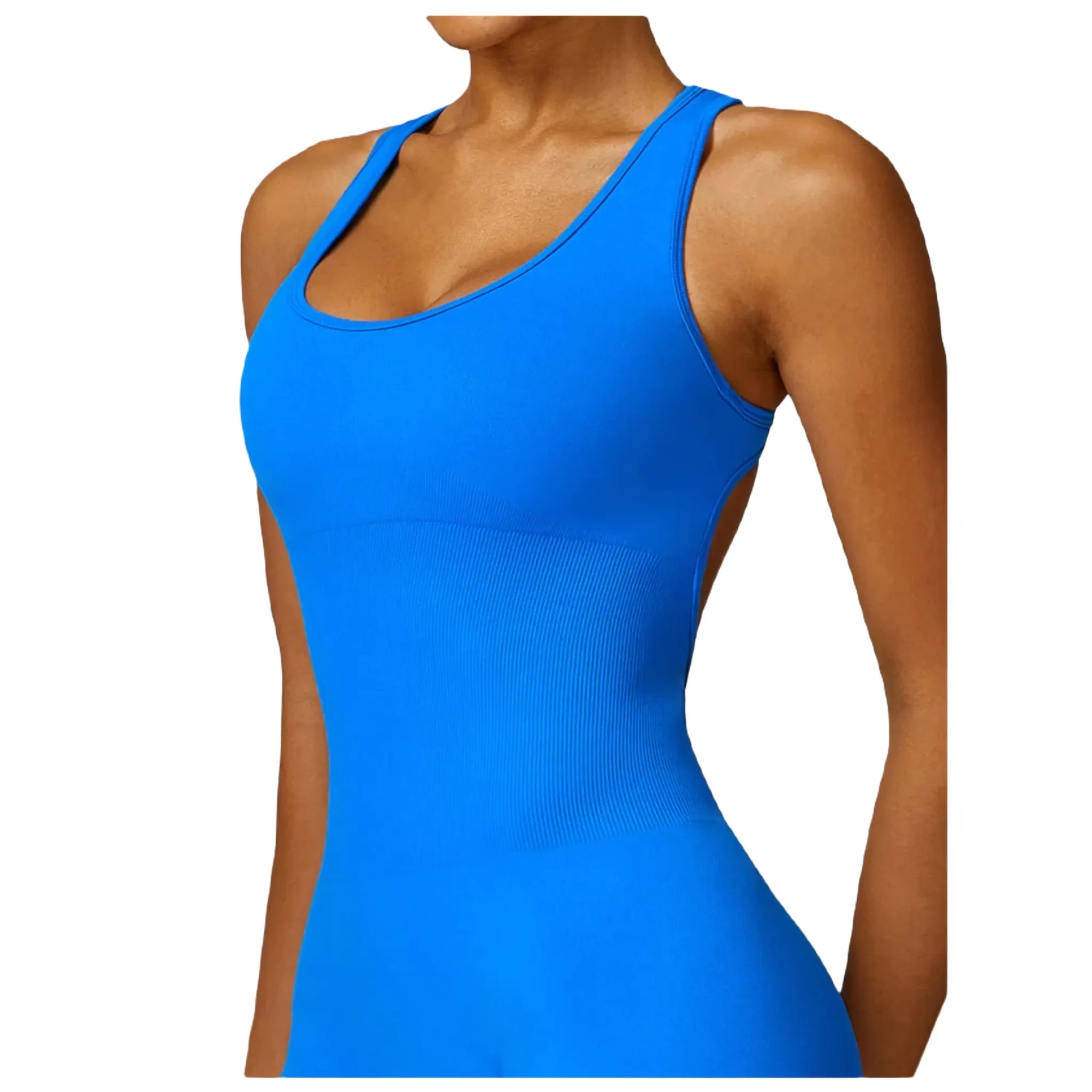 Xooie Fit women's fitness jumpsuit in vibrant blue with a sleek design for active workouts