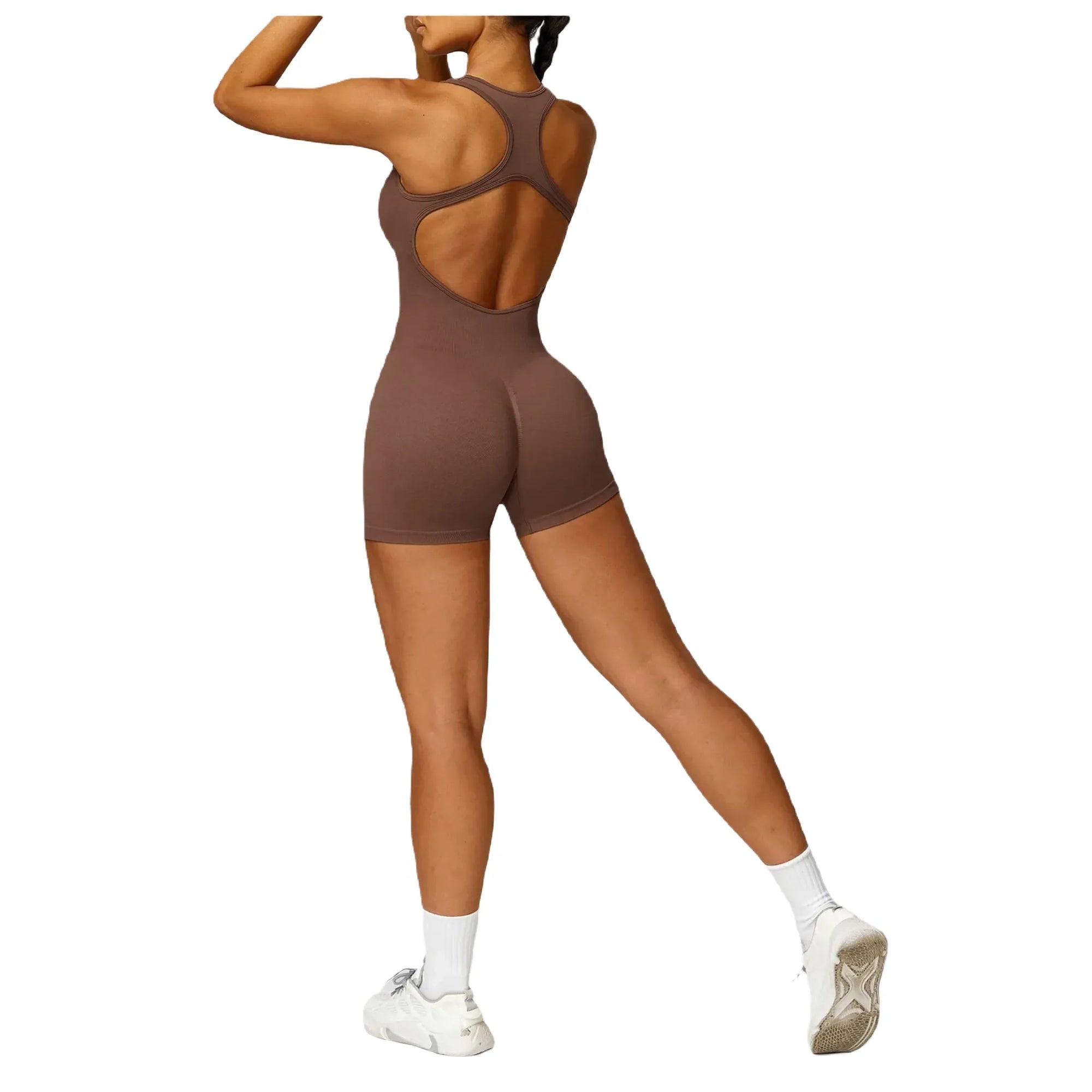 Xooie Fit Women's Fitness Jumpsuit in Brown with Open Back Design for Activewear and Gym Use