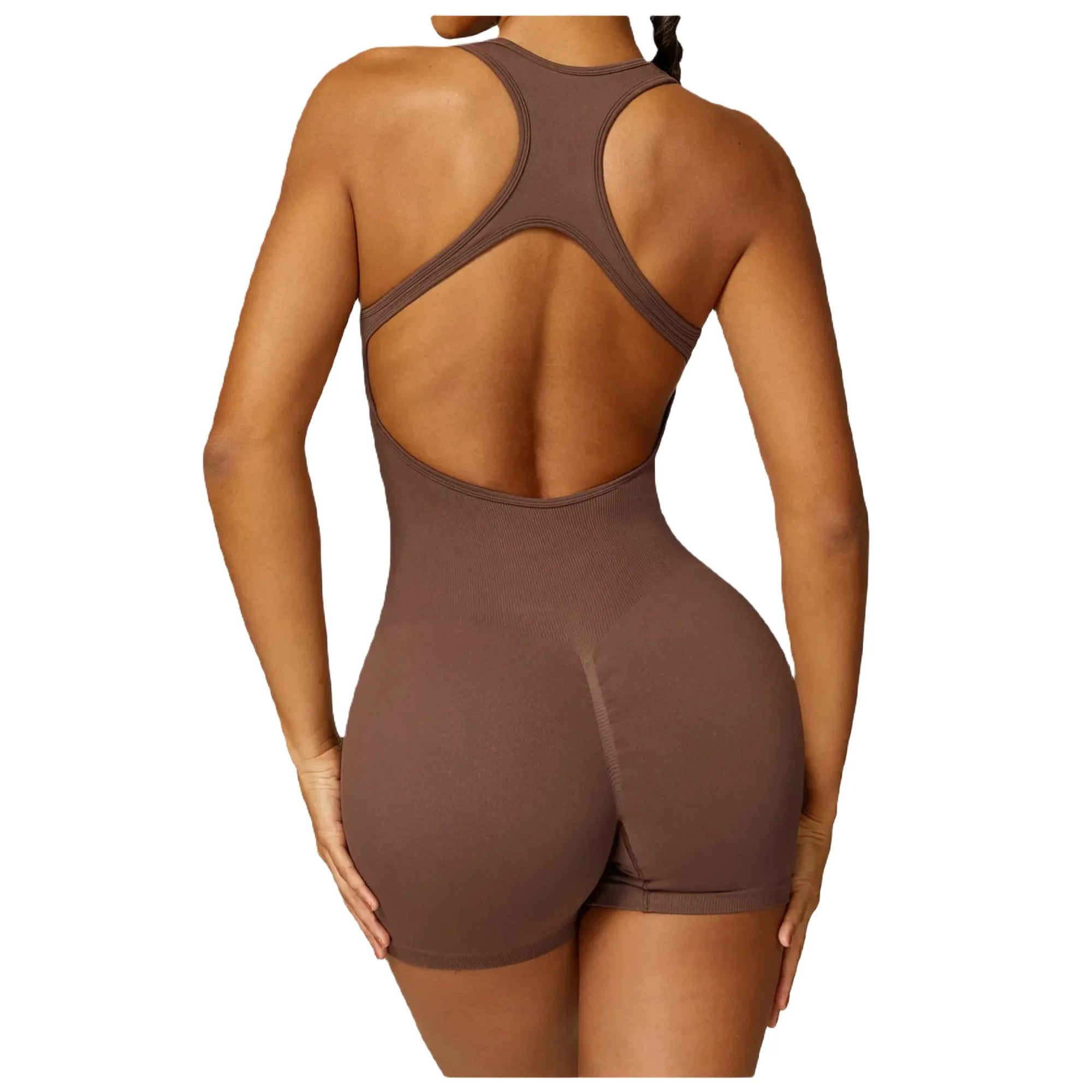 Xooie Fit women's fitness jumpsuit in brown with a stylish back design for exercise and yoga
