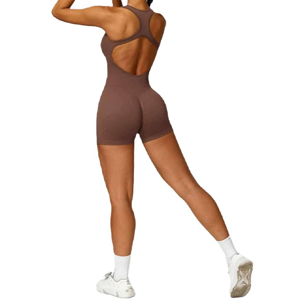 Women’s fitness jumpsuit by Xooie Fit with an open back design for optimal comfort and style