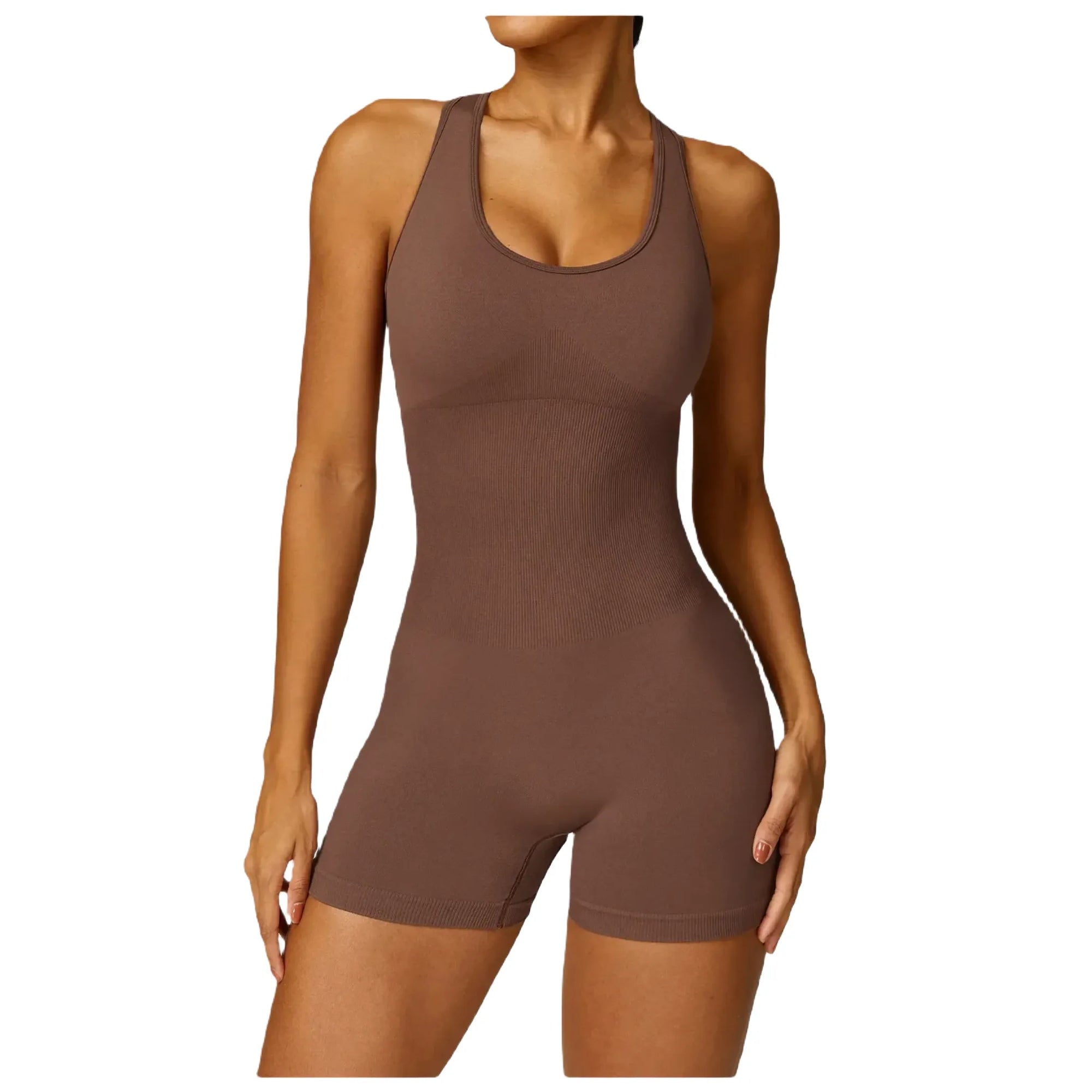 Xooie Fit women's fitness jumpsuit in brown with a snug, supportive fit for active lifestyles