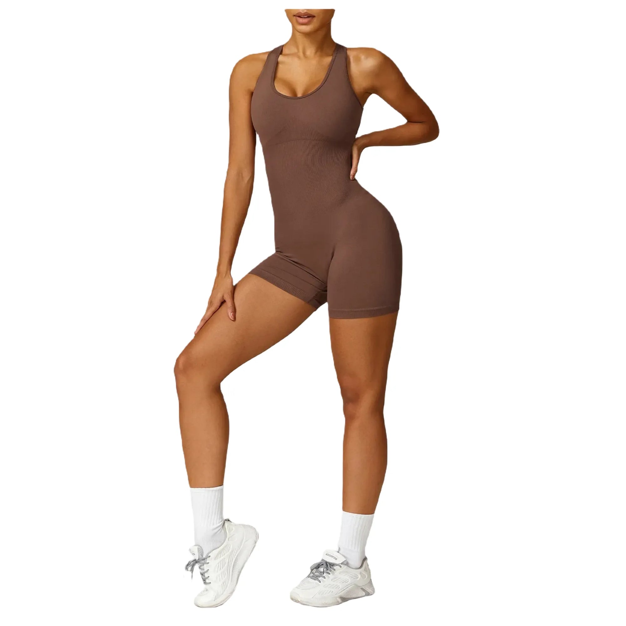Xooie Fit women's fitness jumpsuit in brown with a sleek, supportive design for workouts or casual wear