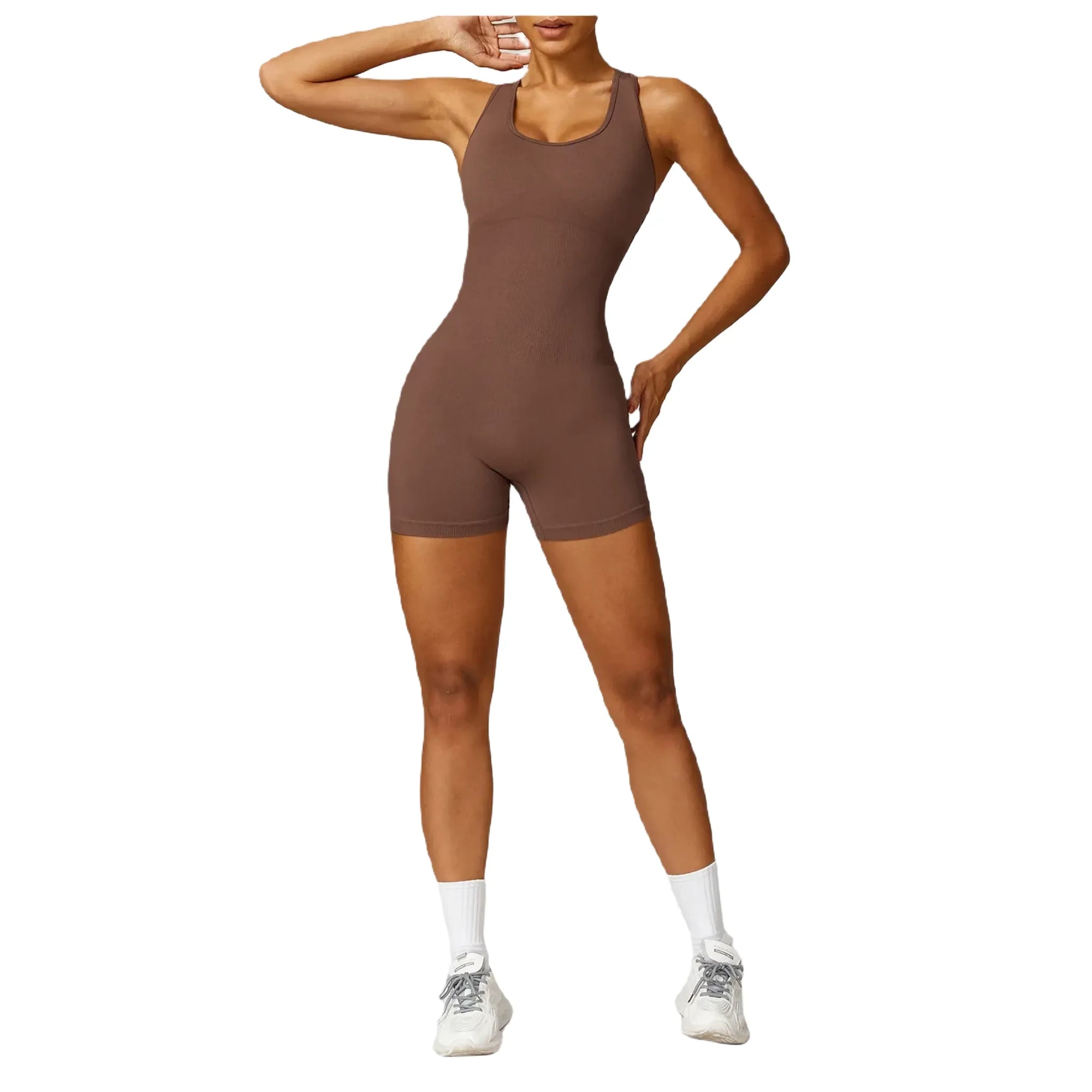 Xooie Fit women's fitness jumpsuit in brown with a sleek design for workouts and casual wear