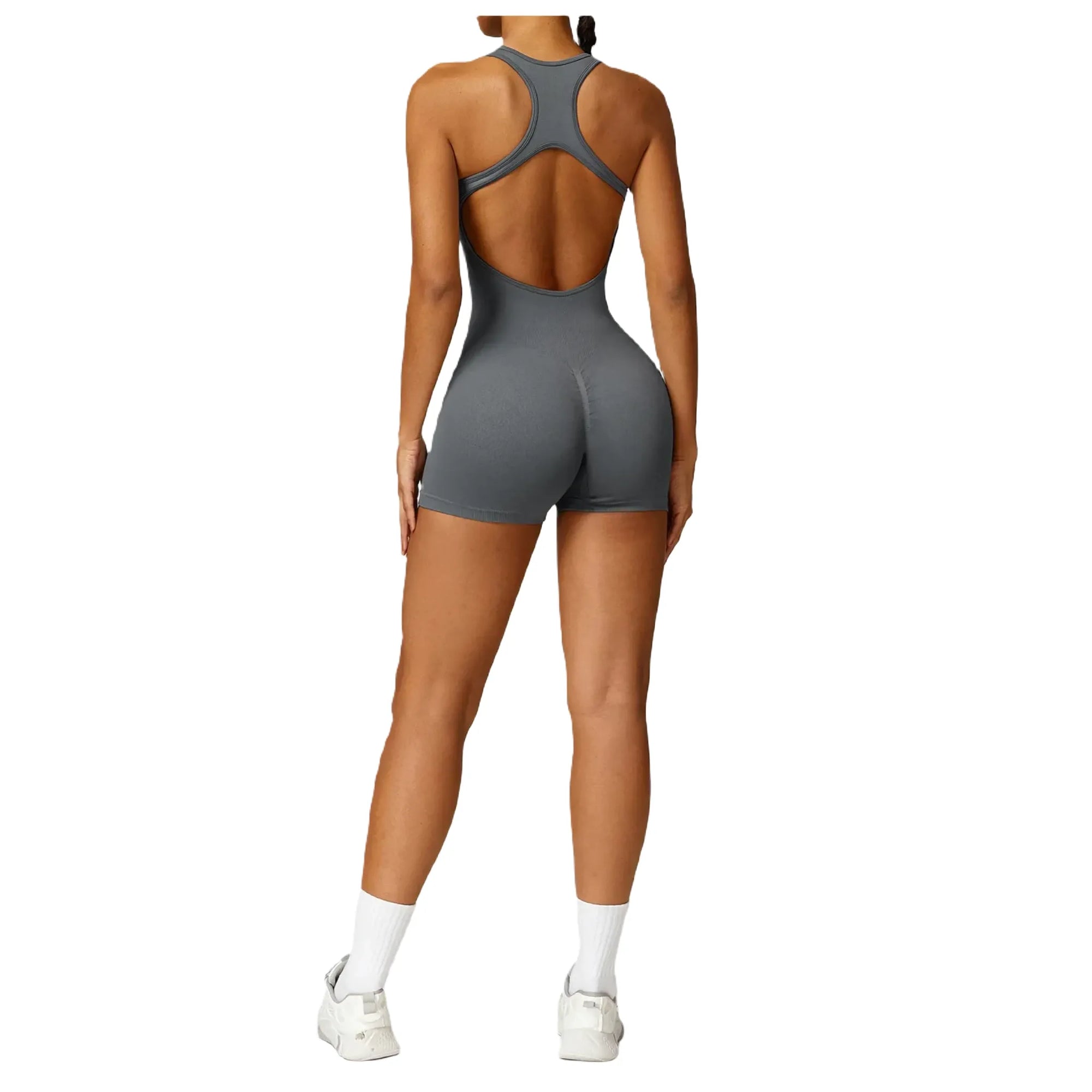 Grey Xooie Fit women's fitness jumpsuit with a fitted design for optimal comfort and performance Back