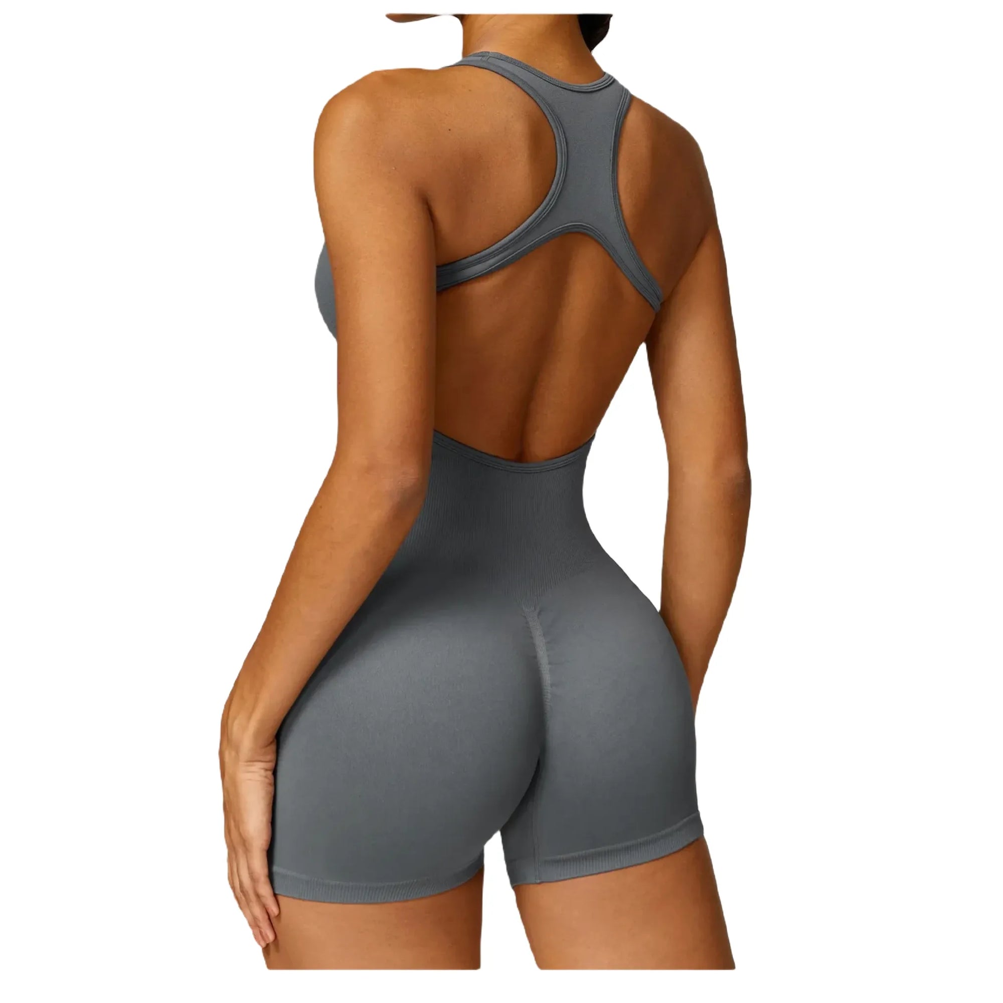 Grey Xooie Fit women's fitness jumpsuit with a fitted design for optimal comfort and performance Back close up