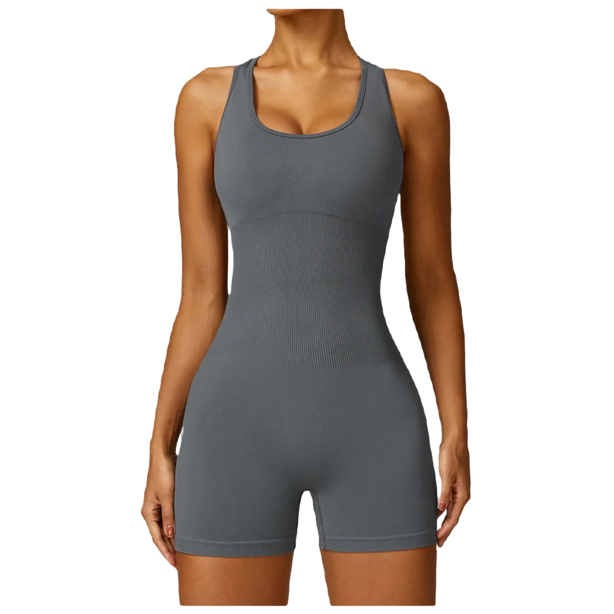grey Xooie Fit women's fitness jumpsuit with a fitted design for optimal comfort and performance
