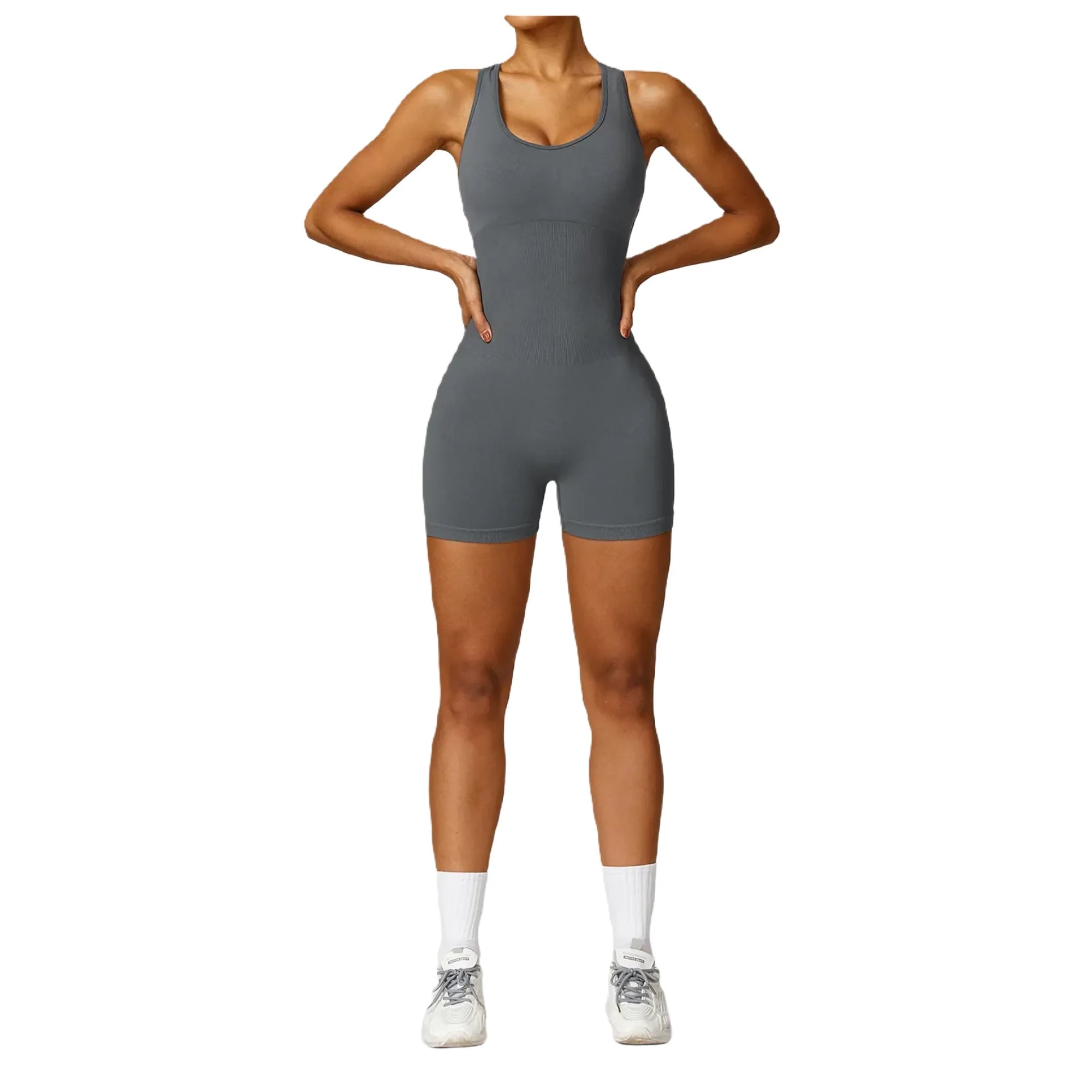 Grey Xooie Fit women's fitness jumpsuit with a fitted design for optimal comfort and performance