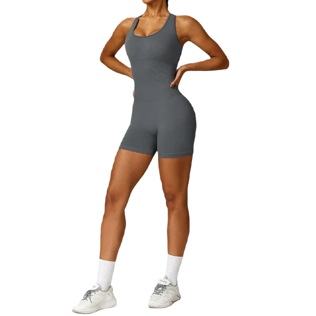 Xooie Fit women's fitness jumpsuit in gray with a flattering fit for workouts and casual wear