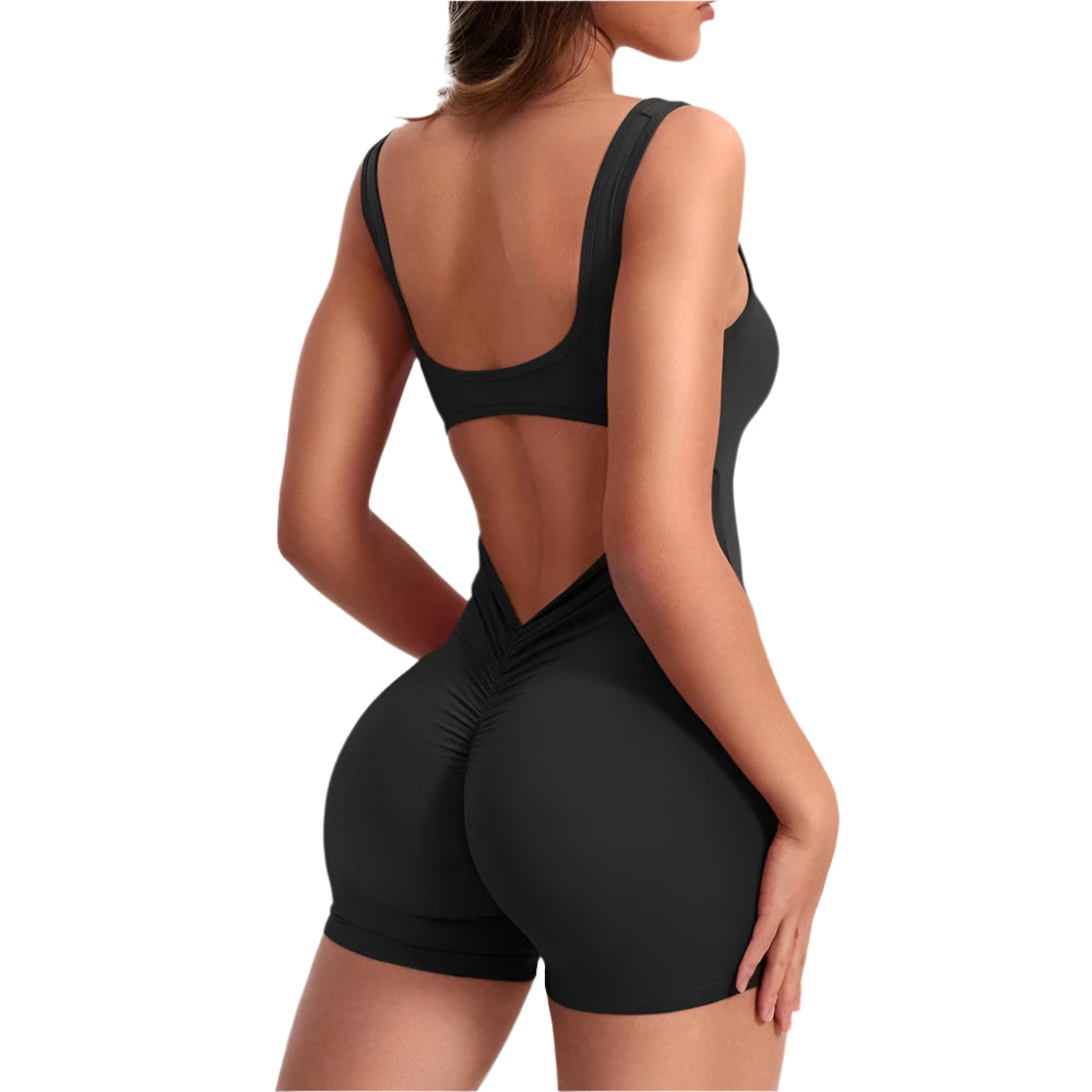 Xooie Fit Women's Fitness Romper in Black with Open Back Design for Comfortable Workouts