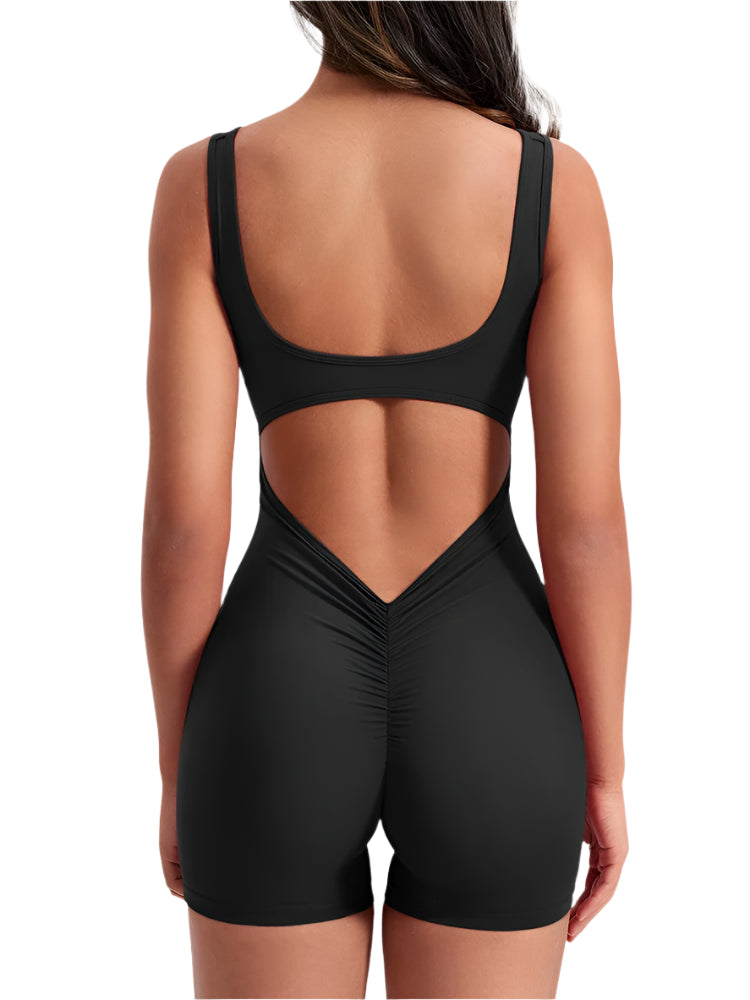 Xooie Fit women's fitness romper in black featuring a stylish cutout back design