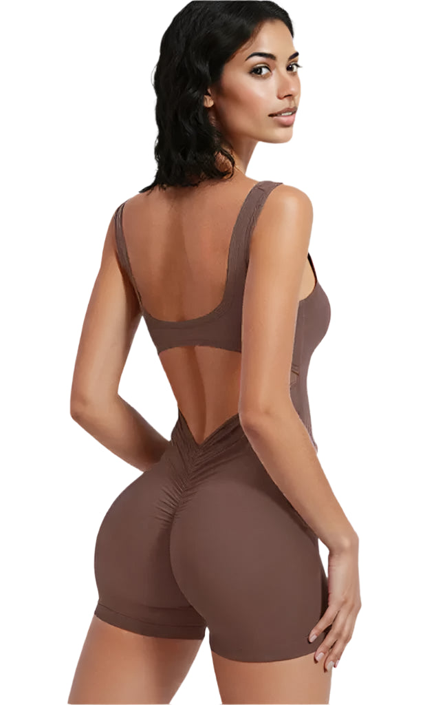 Xooie Fit women's fitness romper in brown with a stylish back cutout design.