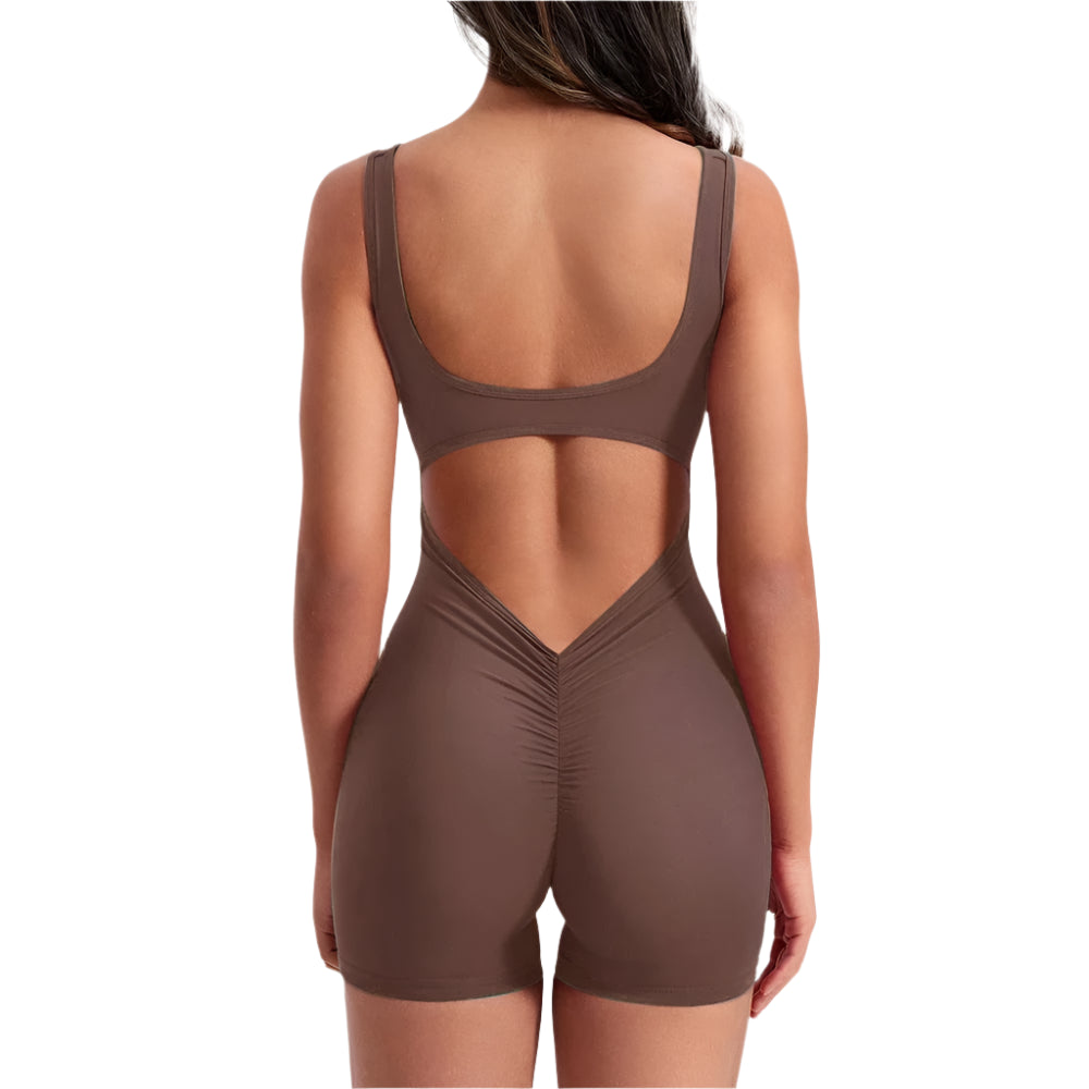 Xooie Fit women's fitness romper in brown with a stylish open back design