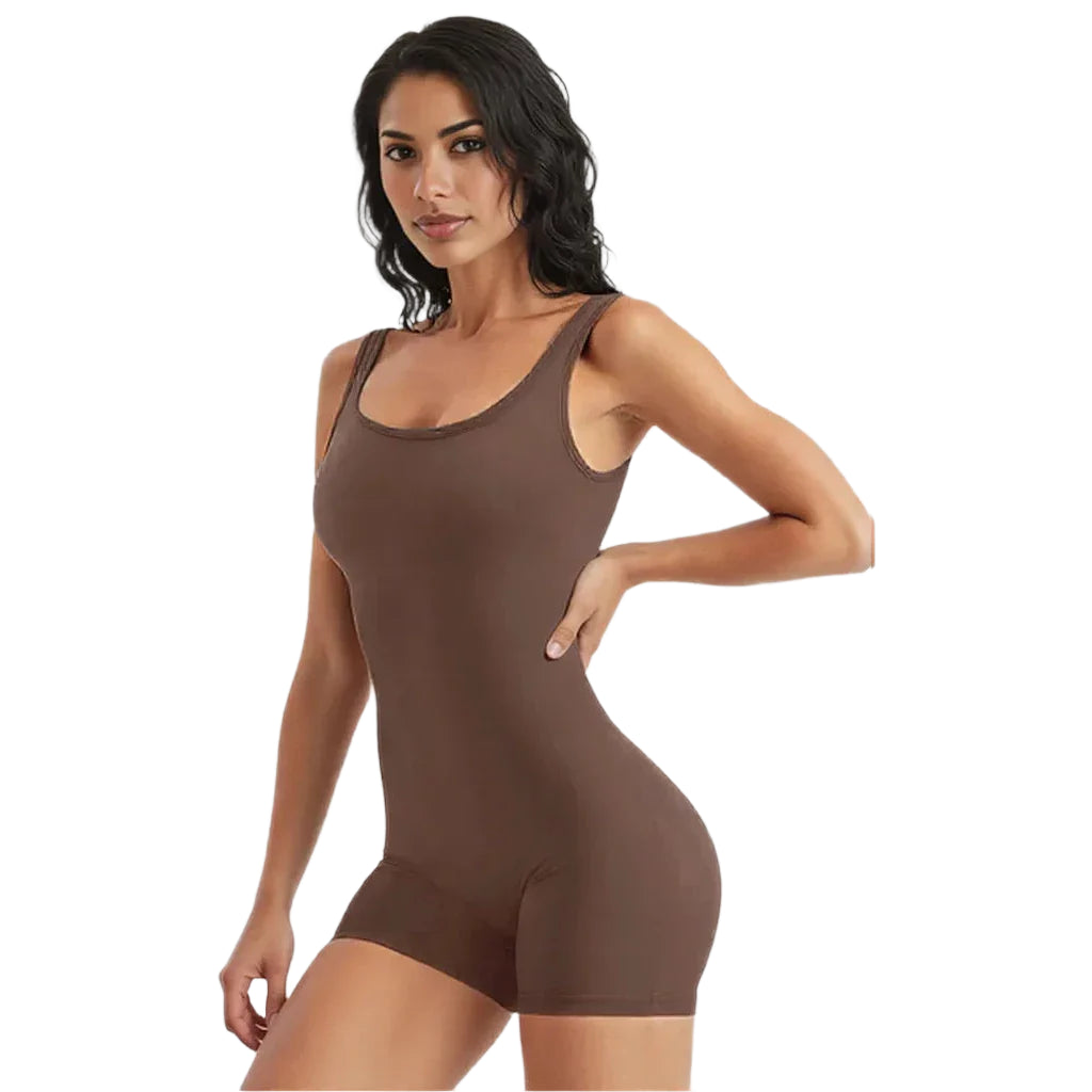 Xooie Fit women's fitness romper in brown, designed for comfort and flexibility during workouts
