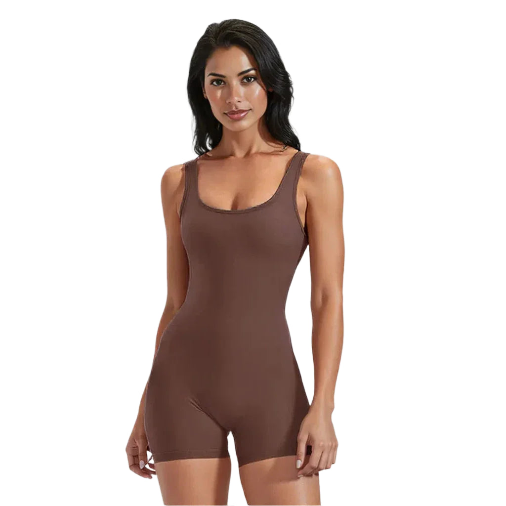 Xooie Fit women's fitness romper in brown, perfect for workouts and casual wear.
