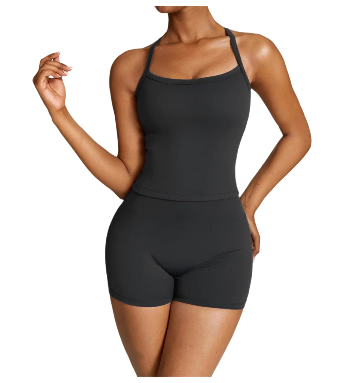 Xooie Fit women's fitness tank and shorts set in black, perfect for workouts and leisure activities