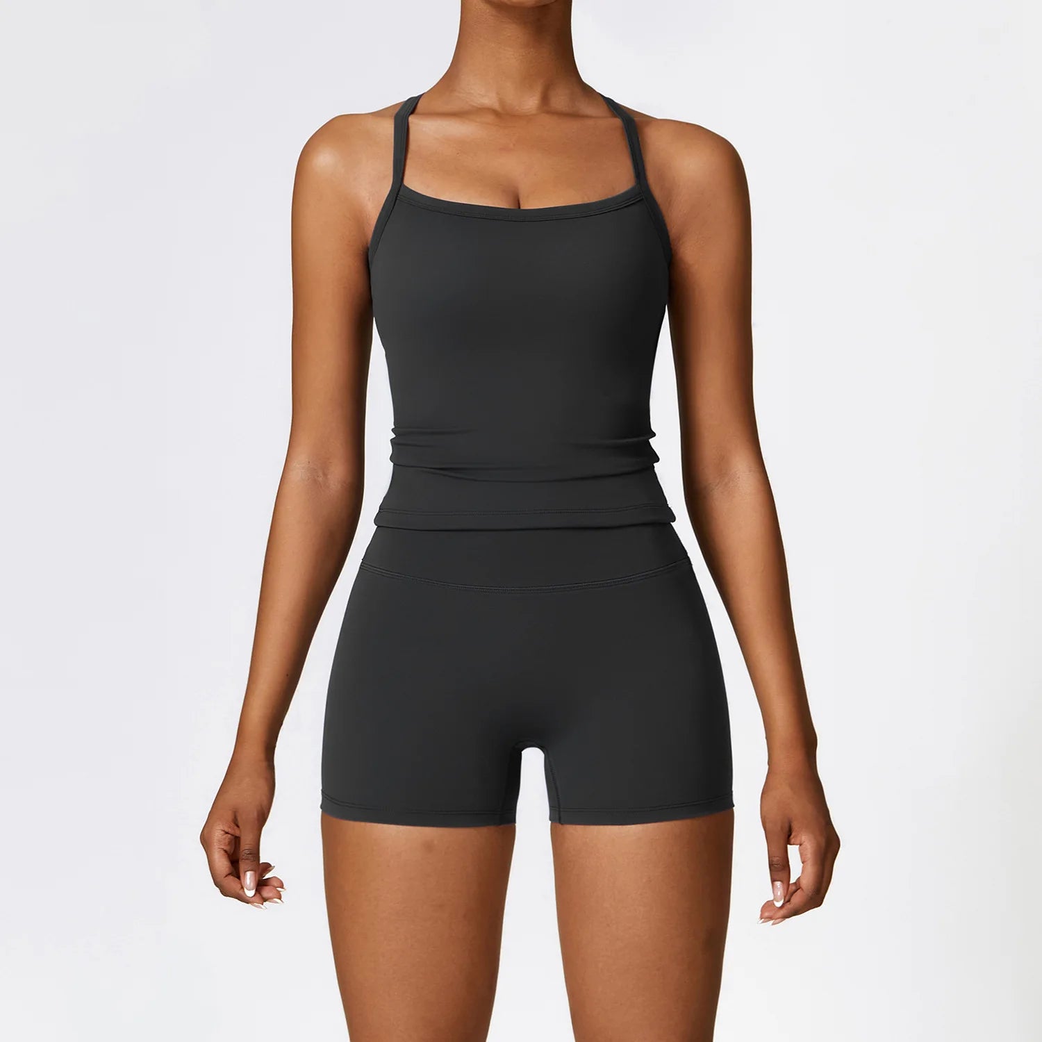 Xooie Fit women's fitness tank and shorts set in sleek black for comfortable workouts