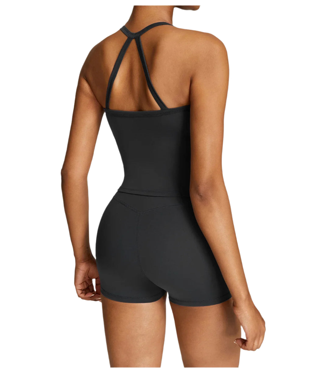 Stylish black women's fitness tank and shorts set from Xooie Fit with a modern strappy design
