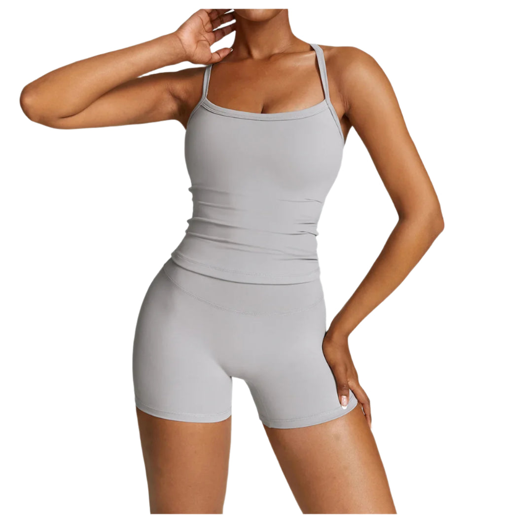 Xooie Fit women's fitness tank and shorts set in grey, perfect for workouts and active lifestyles