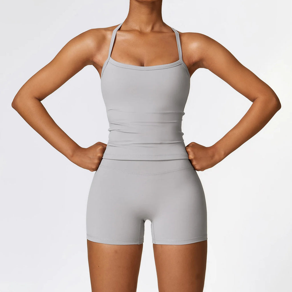 Xooie Fit women's fitness tank and shorts set in light grey for active workouts