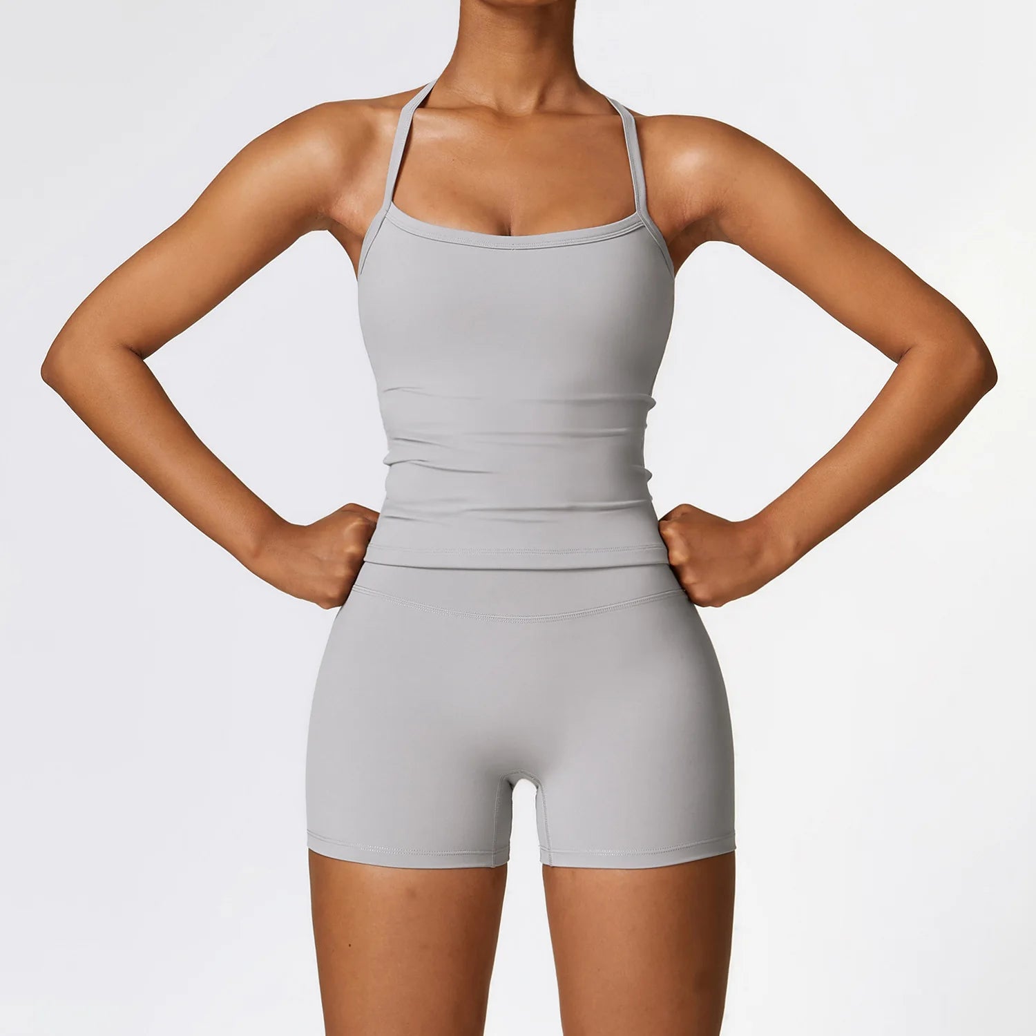 Xooie Fit women's fitness tank and shorts set in light grey for active workouts