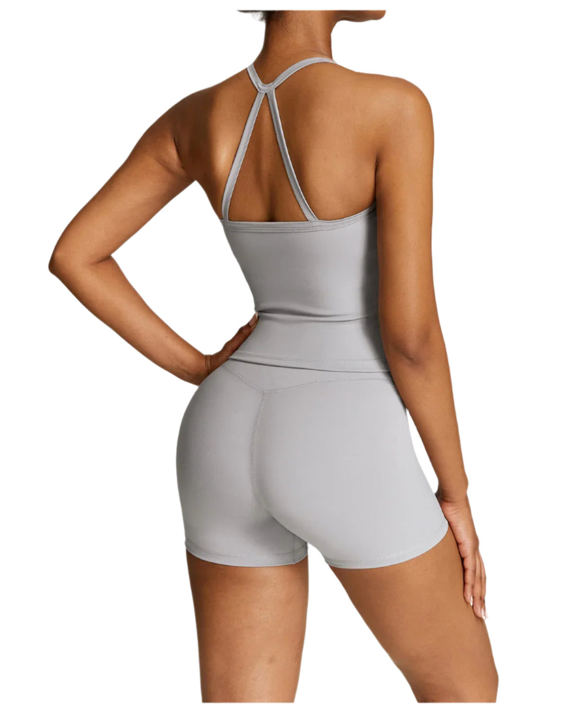 Back view of Xooie Fit women's fitness tank and shorts set in gray, showcasing stylish design and comfort