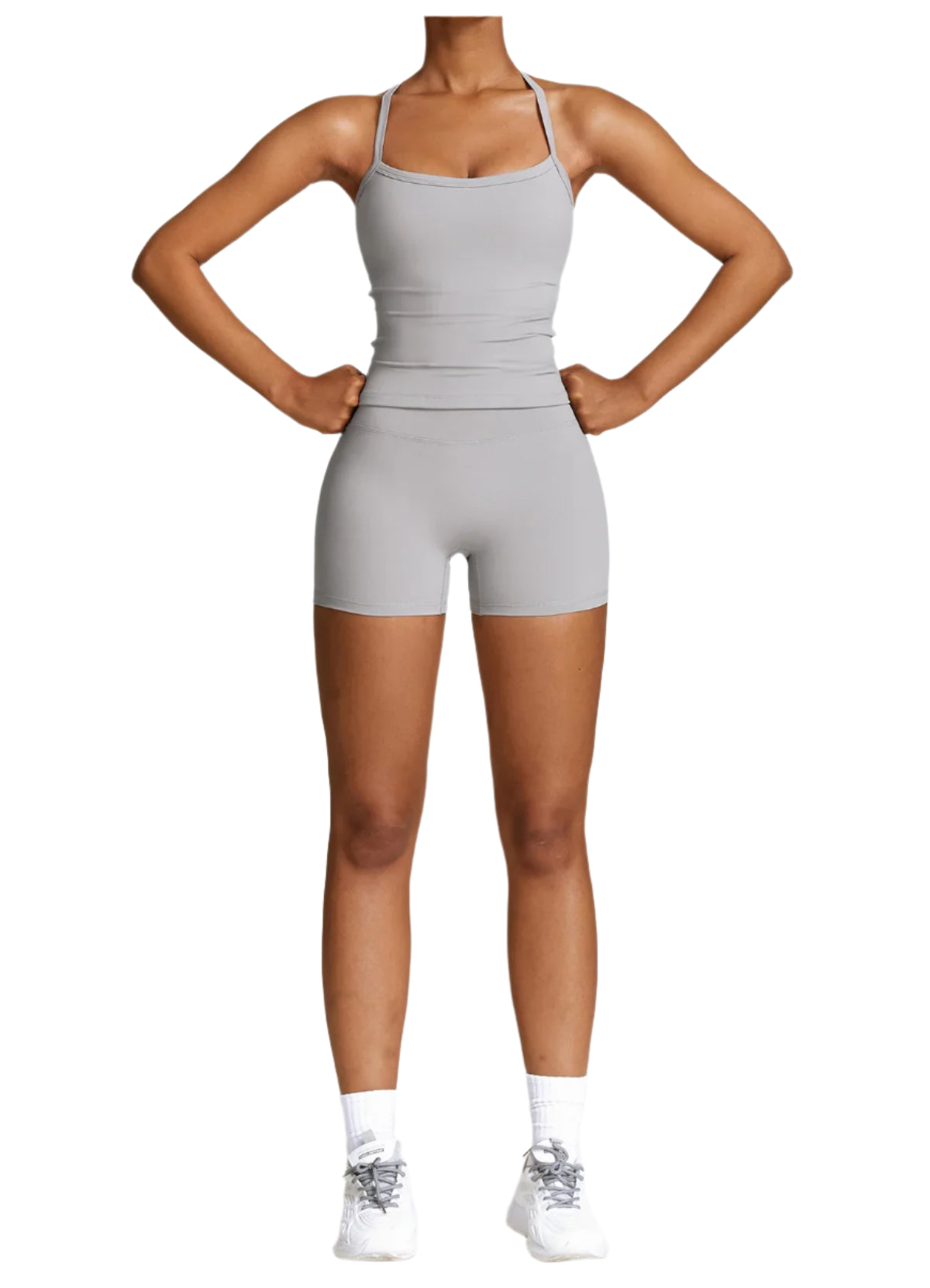 Xooie Fit women's fitness tank and shorts set in gray, perfect for active workouts and stylish training