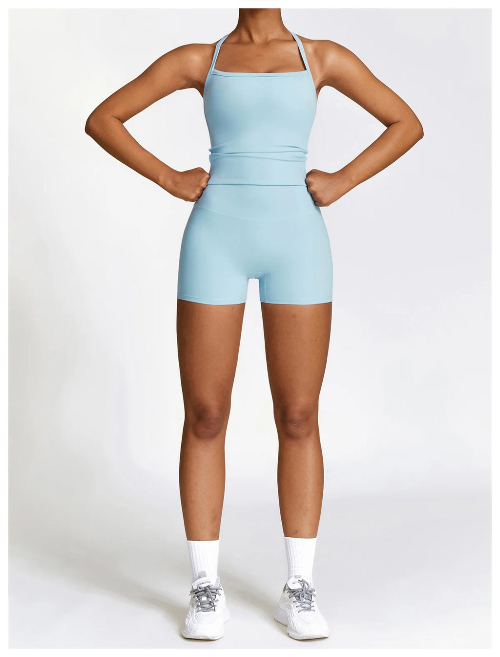 Xooie Fit women's fitness tank and shorts set in light blue for stylish workouts
