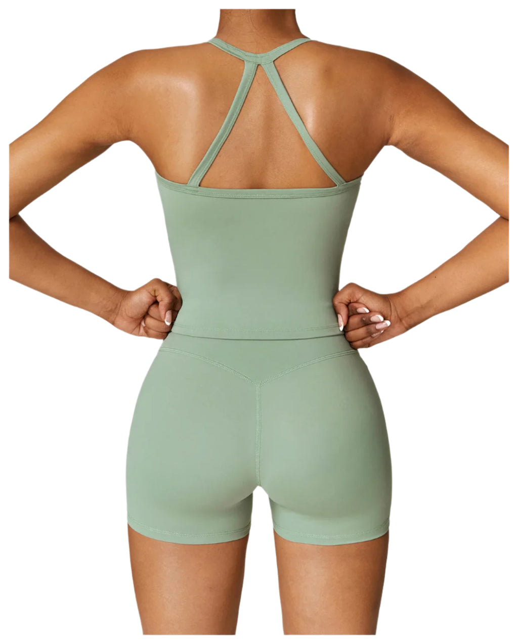 Xooie Fit women's fitness tank and shorts set in green, featuring a stylish cross-back design