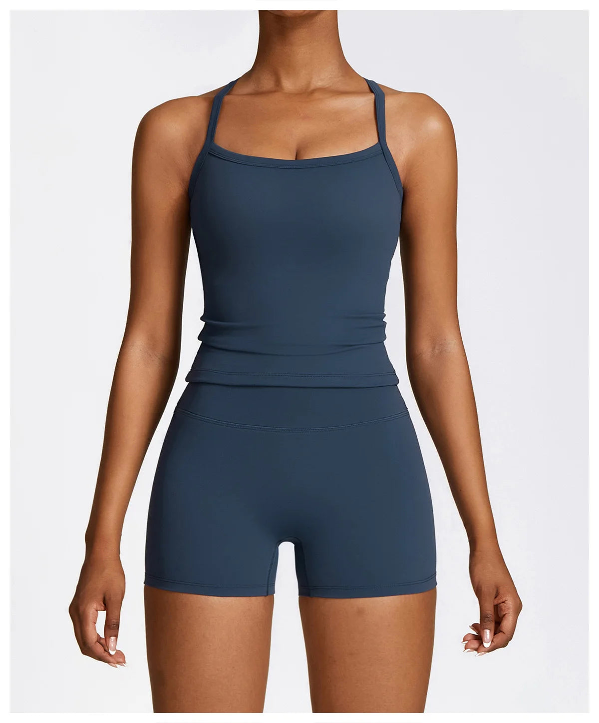 Xooie Fit women's fitness tank and shorts set in navy blue for comfortable workouts front