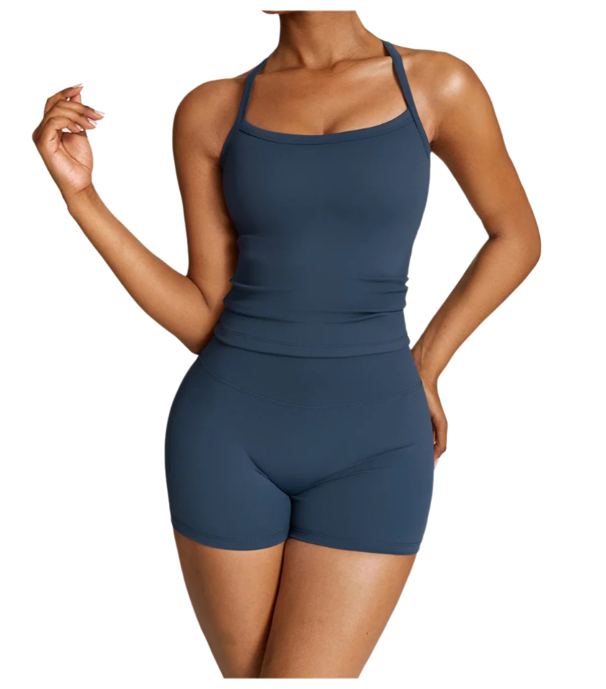Xooie Fit women's fitness tank and shorts set in navy blue for comfortable workouts front pose
