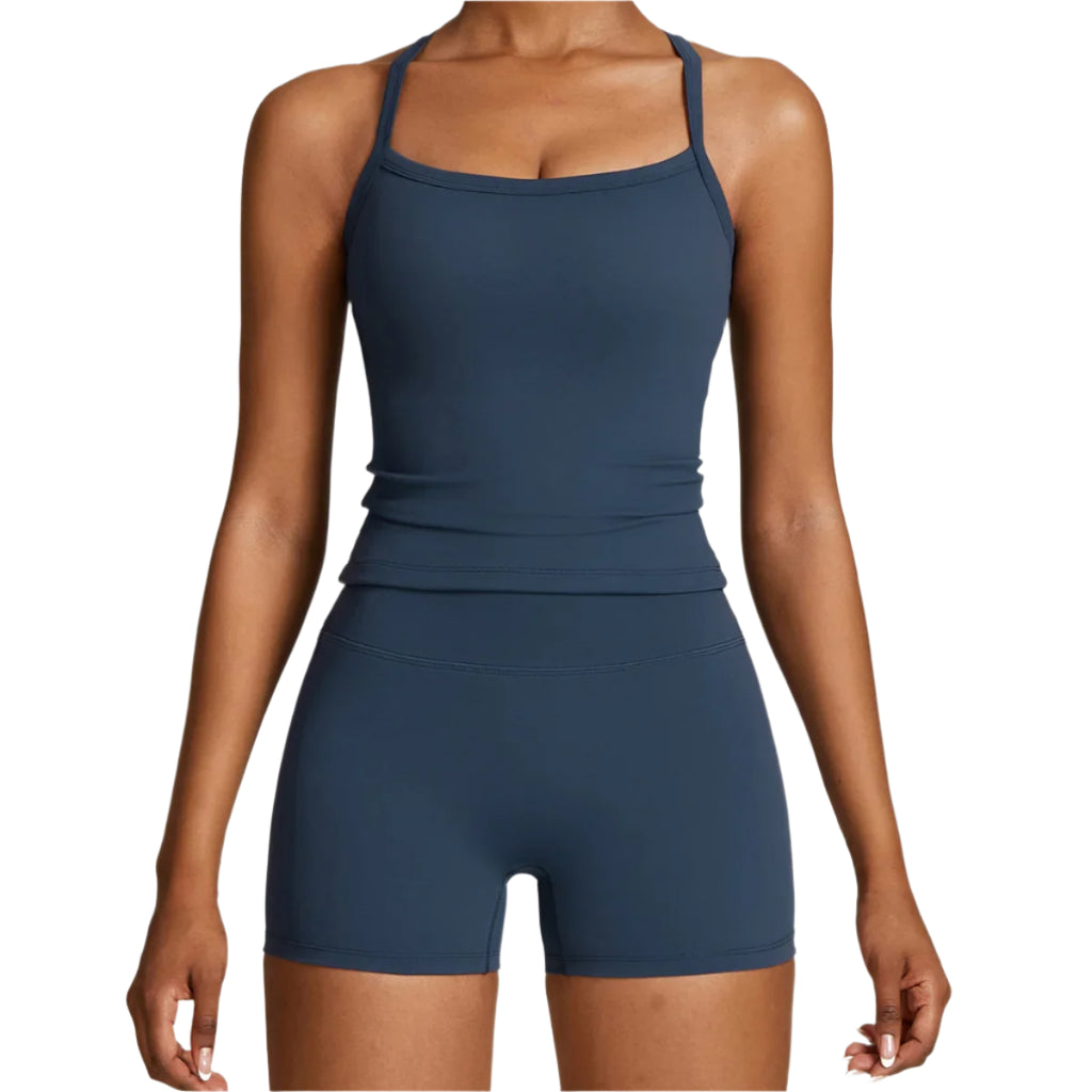 Xooie Fit women's fitness tank and shorts set in navy blue for comfortable workouts and active lifestyle