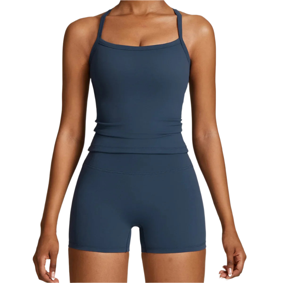 Xooie Fit women's fitness tank and shorts set in navy blue for comfortable workouts and active lifestyle