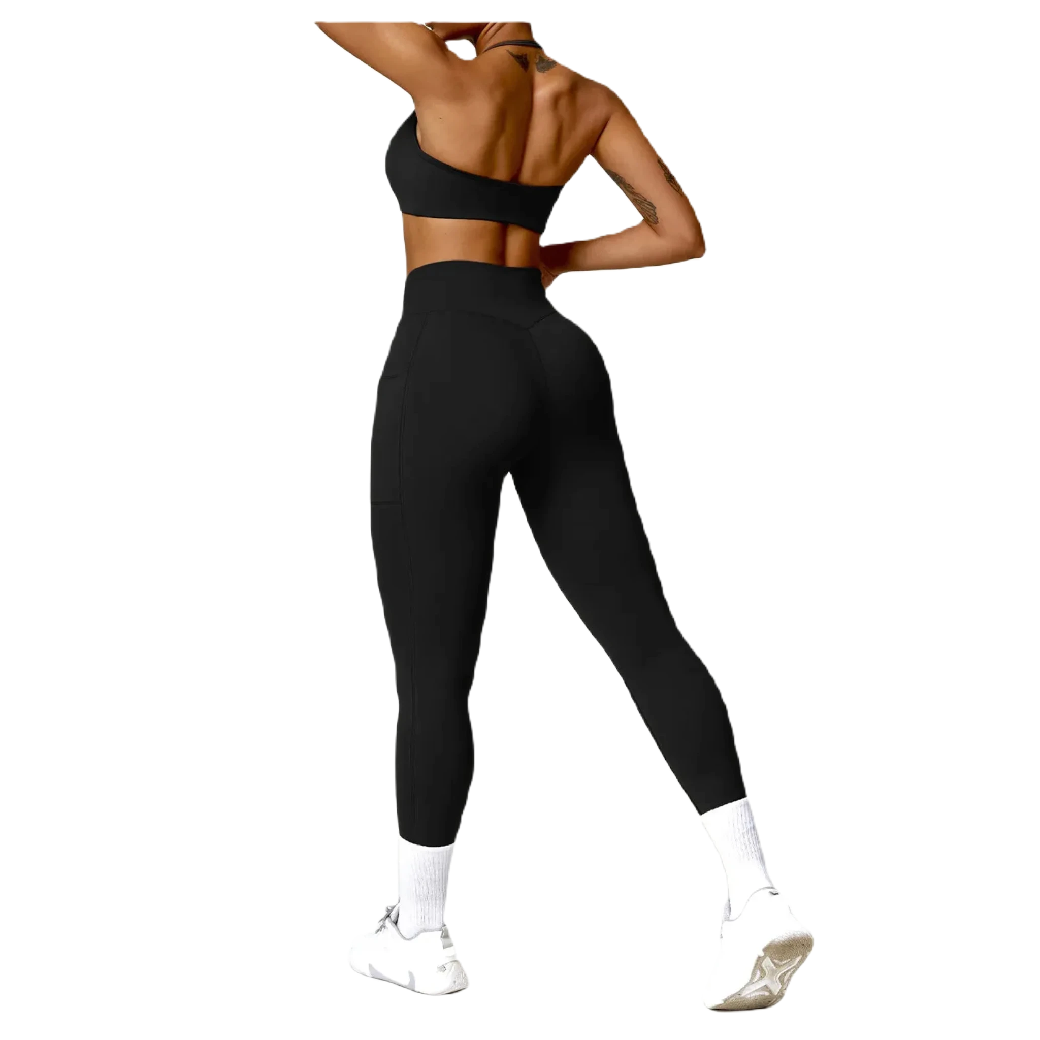 Women’s fitness two-piece set featuring a stylish crop top and high-waisted leggings in sleek black