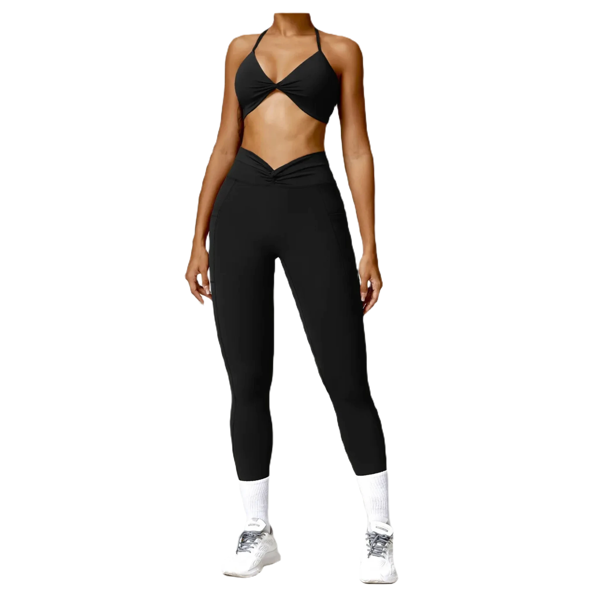 Stylish women's fitness two-piece set in black featuring a crop top and high-waisted leggings