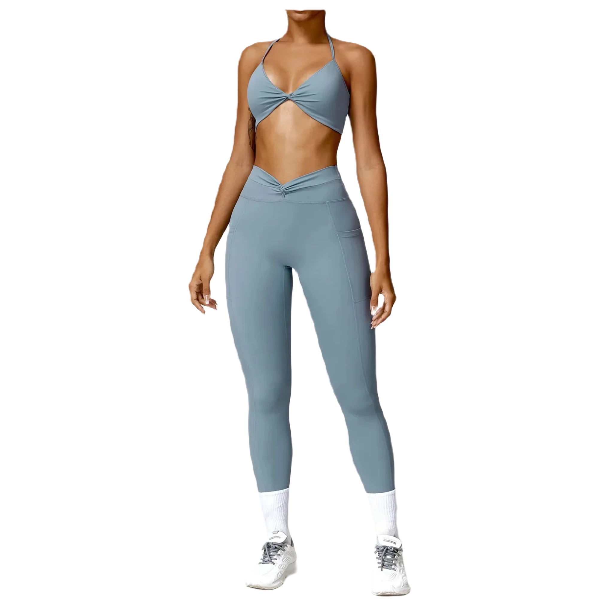Xooie Fit women's fitness two-piece set in blue featuring a stylish crop top and high-waisted leggings