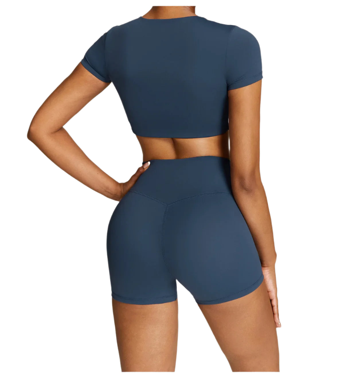Xooie Fit women's fitness two-piece set featuring a cropped top and high-waisted shorts in a stylish design
