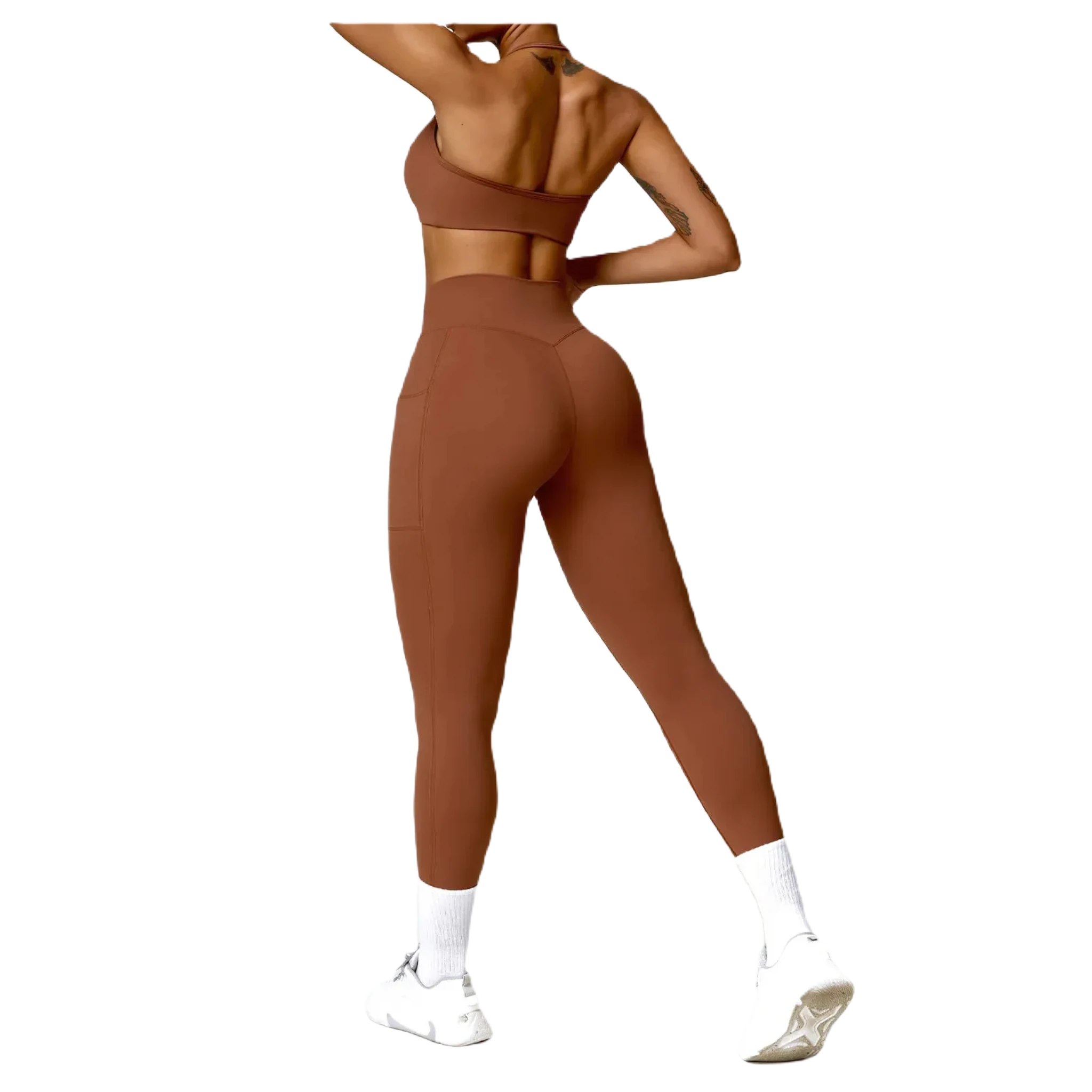 Xooie Fit women's fitness two-piece set featuring a stylish sports bra and high-waisted leggings in brown