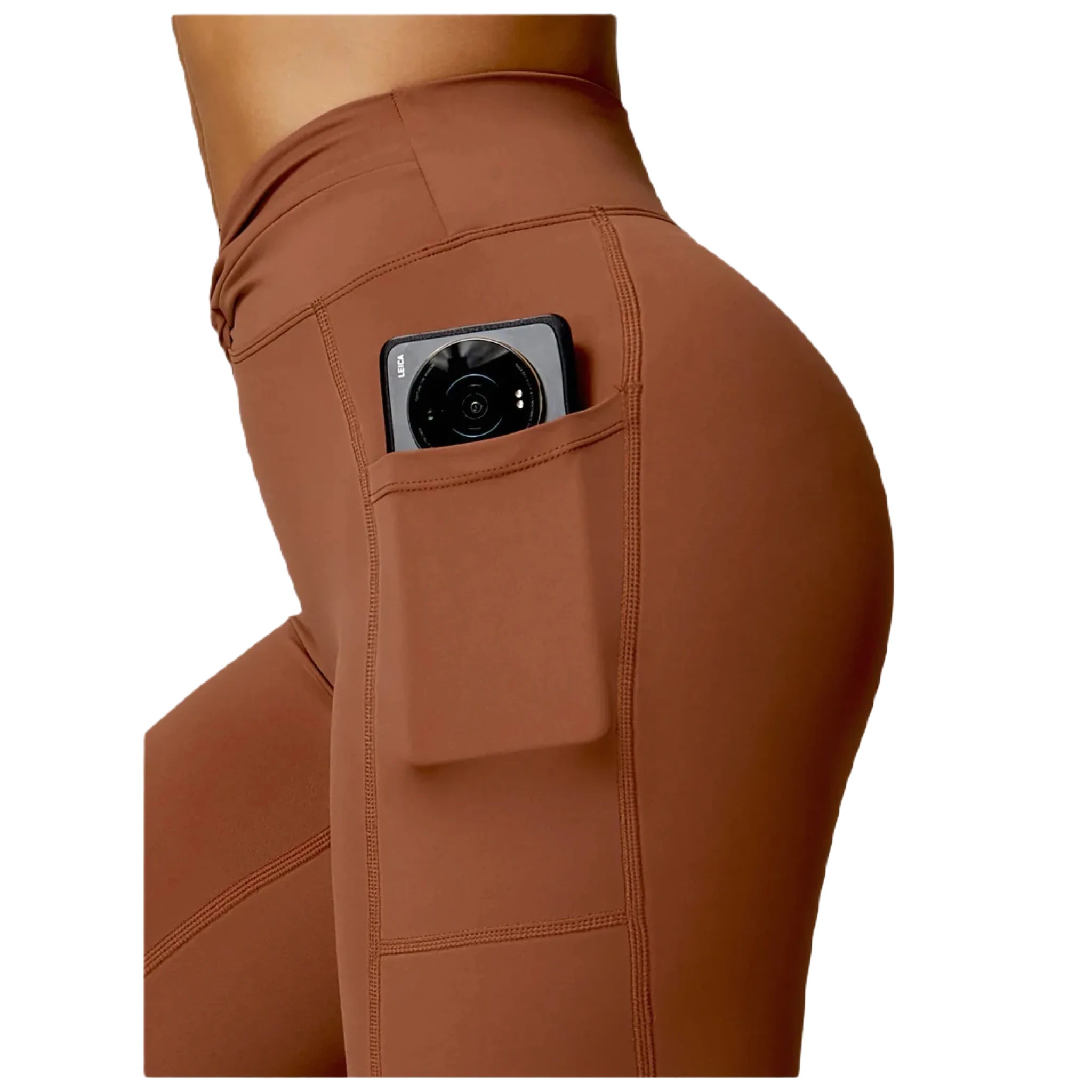 Close-up of brown leggings from Xooie Fit featuring a pocket, part of women's fitness two-piece set