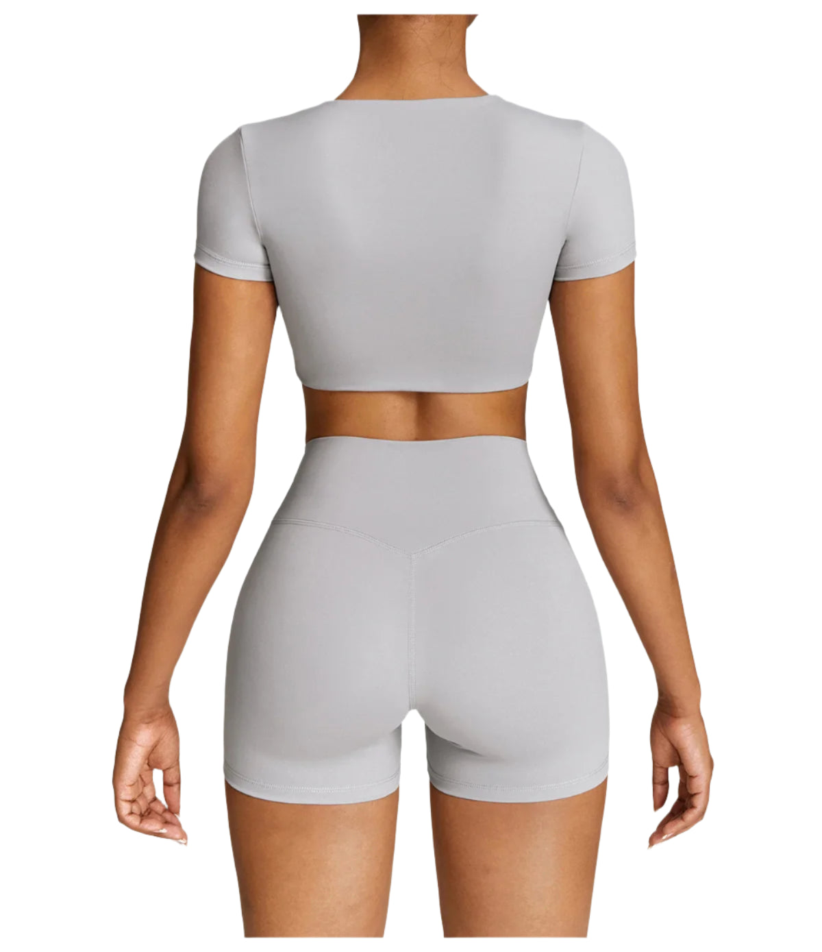 Xooie Fit women's fitness two-piece set in light gray featuring a crop top and high-waisted shorts