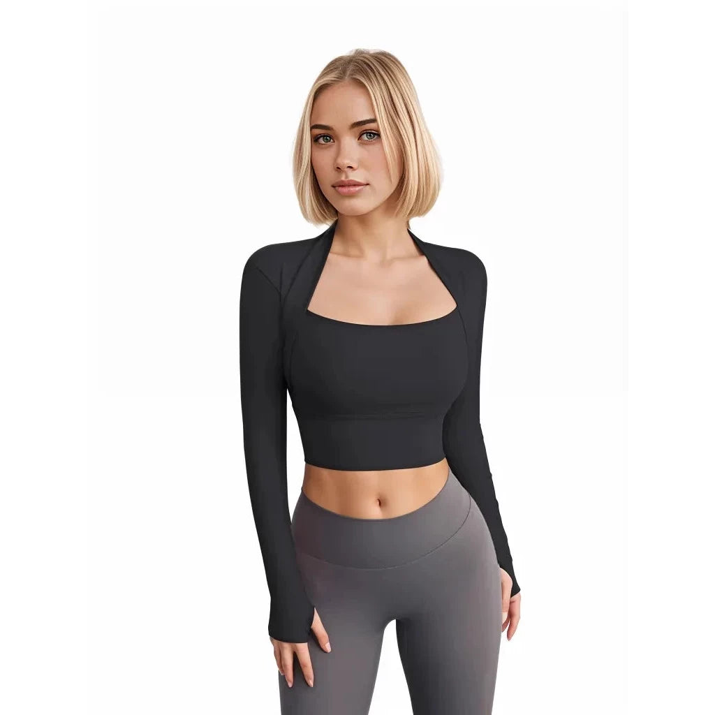 Xooie Fit women's fitted activewear top in black with long sleeves and a stylish cropped design