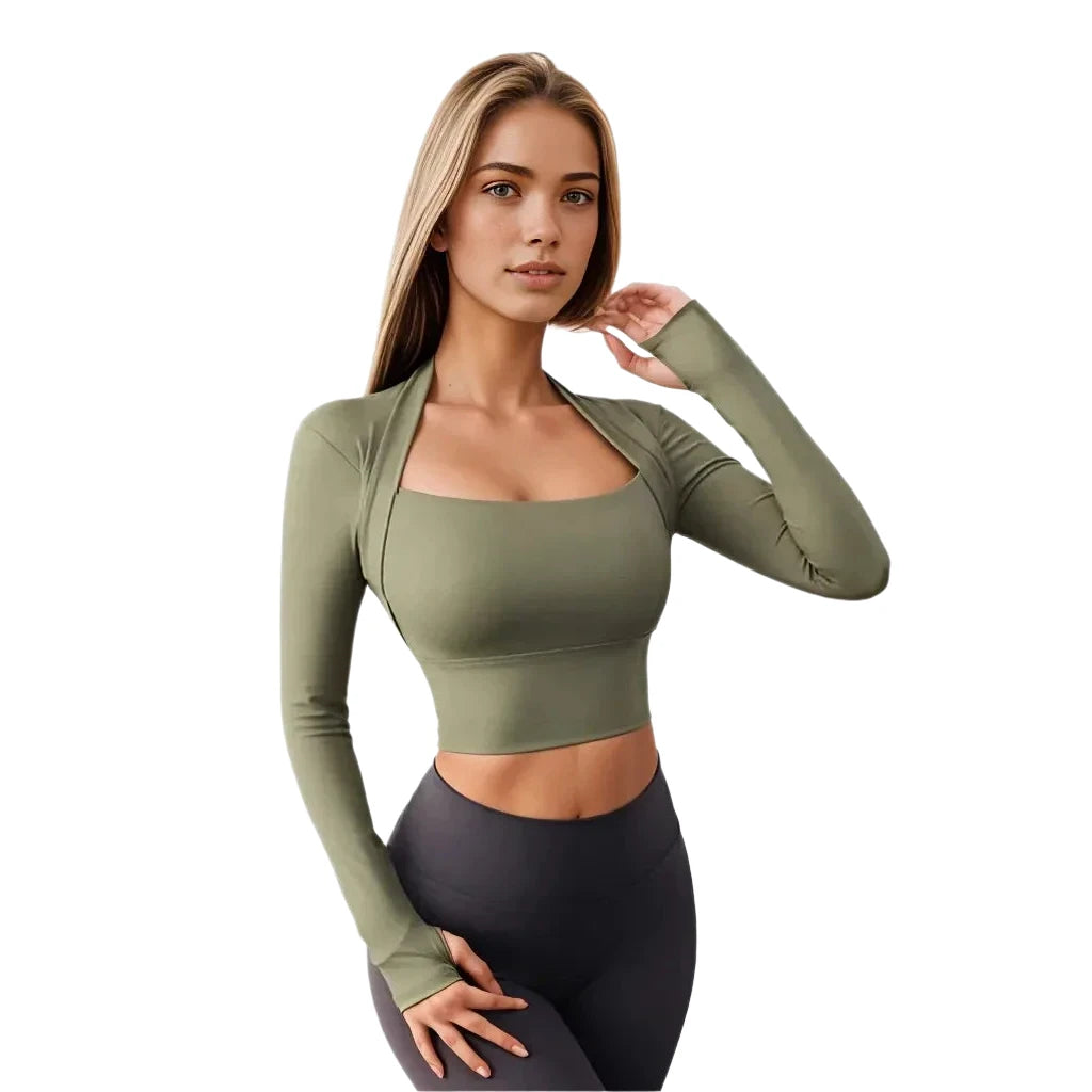 Xooie Fit women's fitted activewear top in olive green with long sleeves and a cropped design