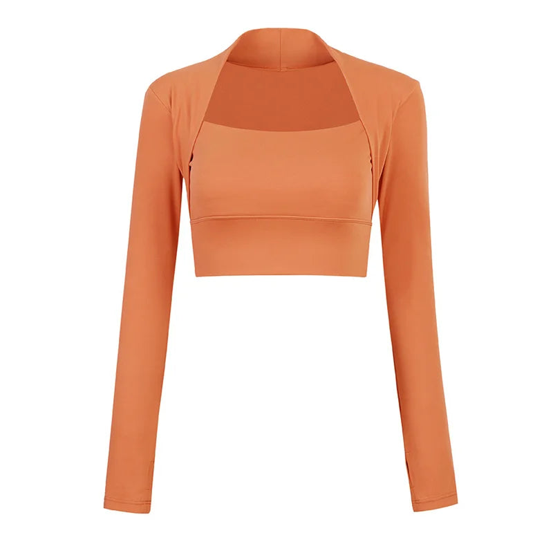 Xooie Fit women's fitted activewear top in orange with long sleeves and a stylish design