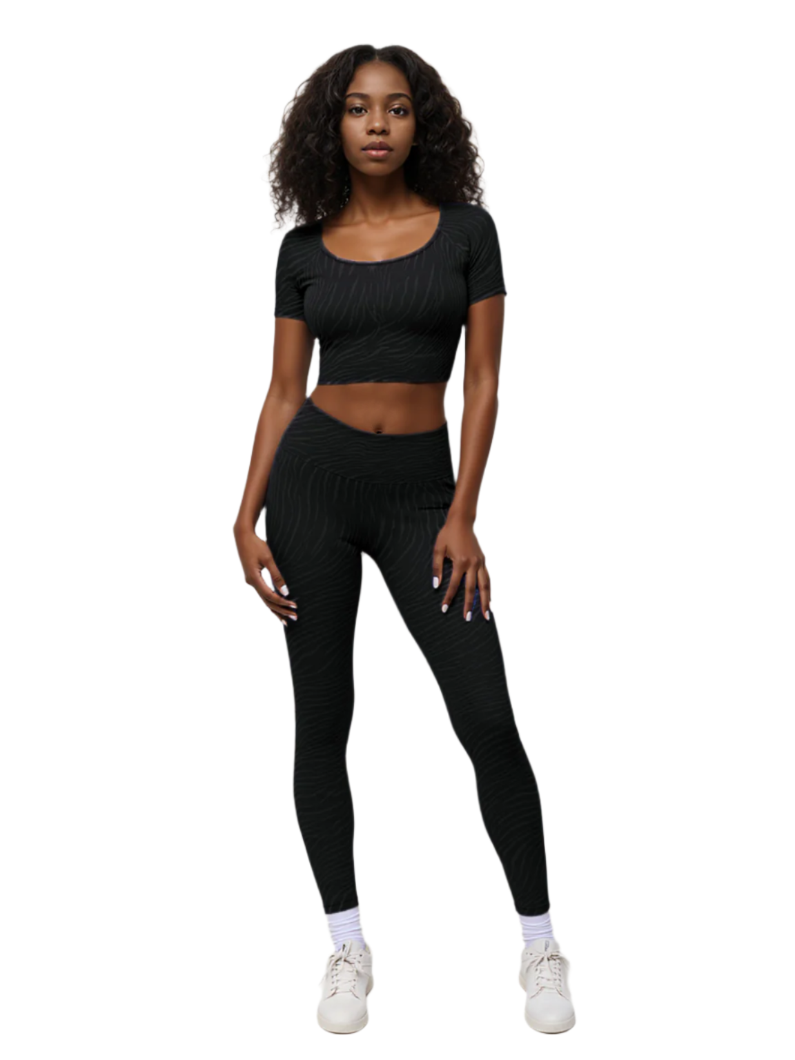 Black women's fitted crop top leggings by Xooie Fit in a stylish and comfy design