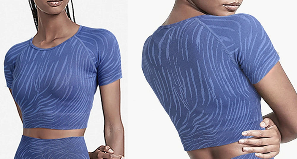 Xooie Fit women's fitted crop top leggings in blue with a stylish striped design and short sleeves