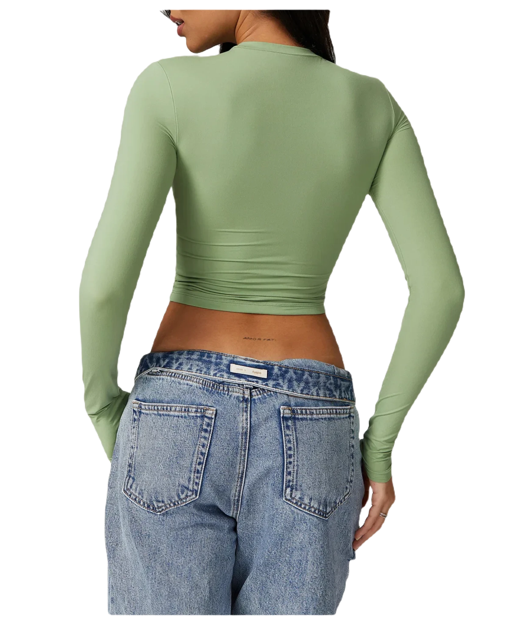 Xooie Fit women's fitted long-sleeve shirt in green, paired with high-waisted denim jeans