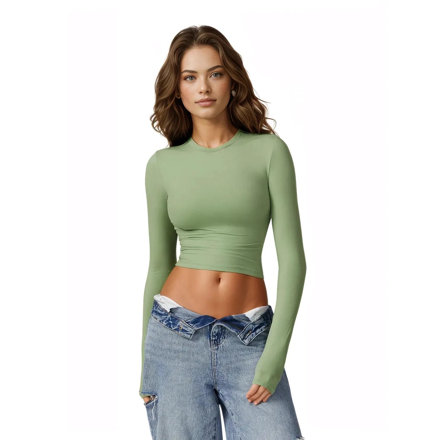 Xooie Fit women's fitted long-sleeve shirt in green, perfect for casual and stylish outfits